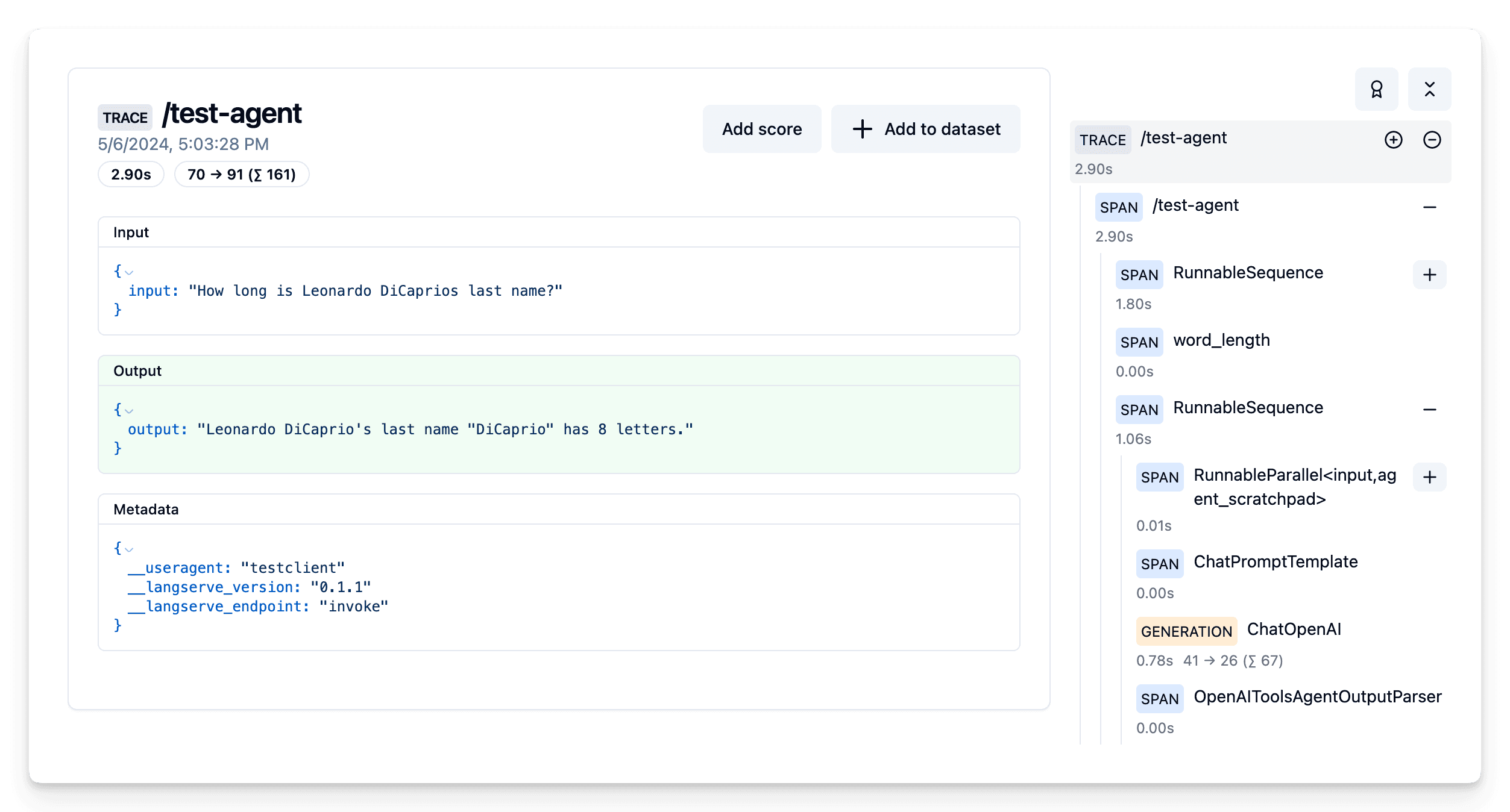 Trace of Langserve Agent example